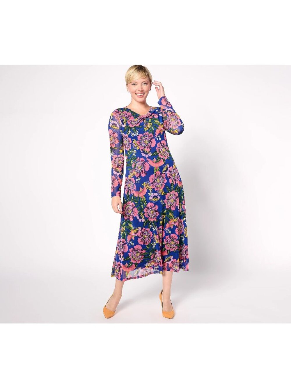 Destination 365 petite printed mesh midi dress with twisted neck, royal blue flo